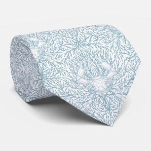 Crab and sea weed, coastal summer in white and lig neck tie