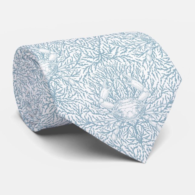 Crab and sea weed, coastal summer in white and lig neck tie (Rolled)