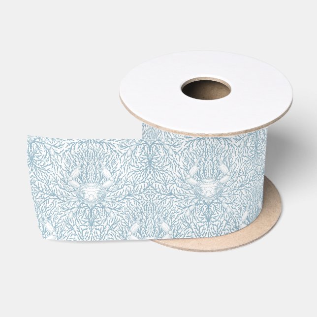 Crab and sea weed, coastal summer in white and lig satin ribbon (Spool)