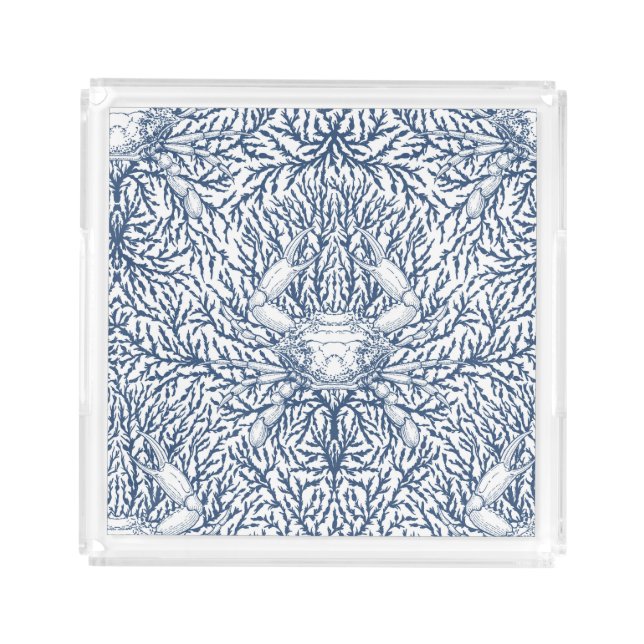 Crab and sea weed, coastal summer in white and nav acrylic tray (Front)