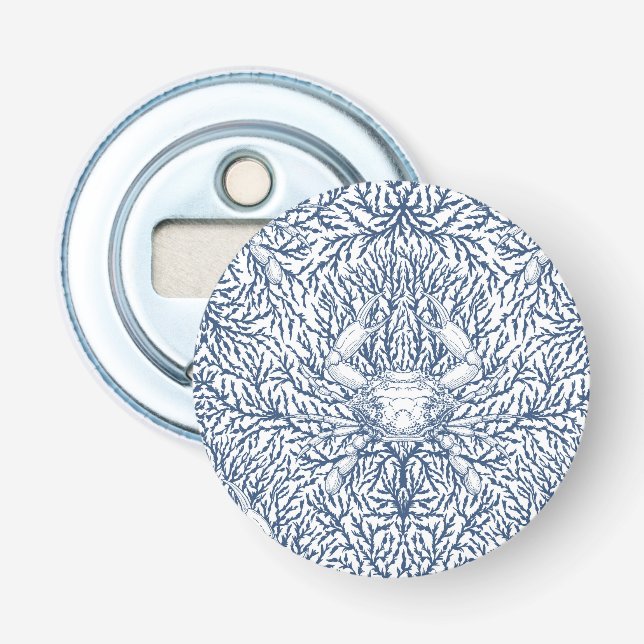 Crab and sea weed, coastal summer in white and nav bottle opener (Front)
