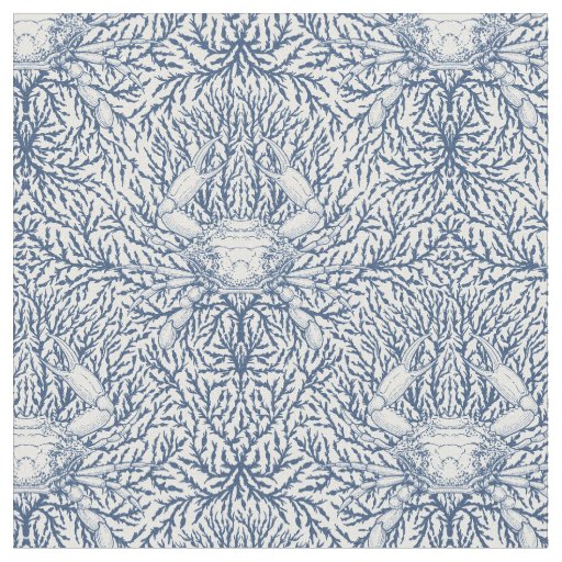 Crab and sea weed, coastal summer in white and nav fabric