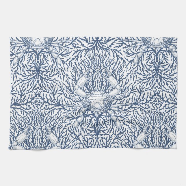 Crab and sea weed, coastal summer in white and nav kitchen towel (Horizontal)