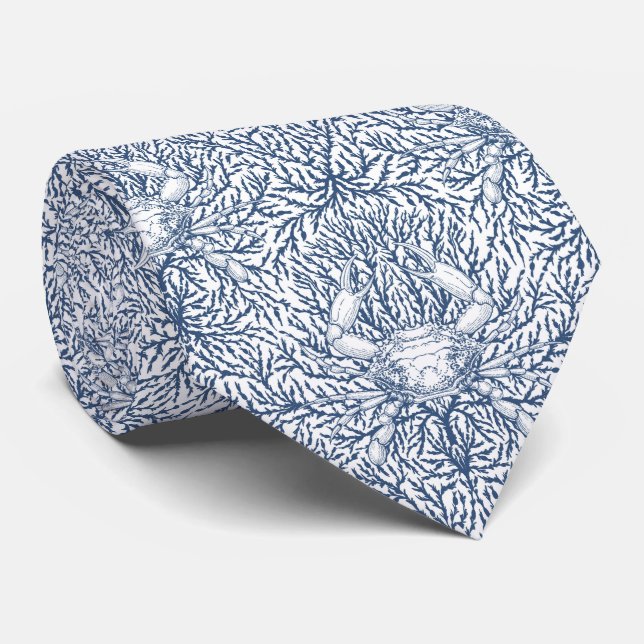 Crab and sea weed, coastal summer in white and nav neck tie (Rolled)