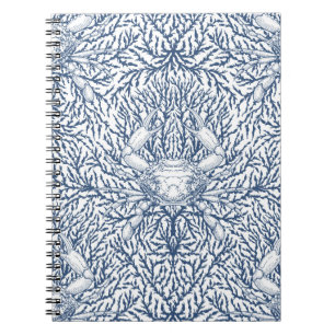 Crab and sea weed, coastal summer in white and nav notebook