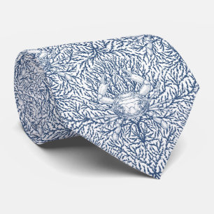 Crab and sea weed in white and navy neck tie