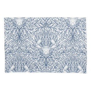 Crab and sea weed in white and navy pillow case