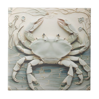 Crab Art Nouveau Faux Relief White & Mint Pastel Ceramic Tile