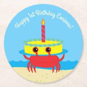 Crab Beach Birthday Party Round Paper Coaster