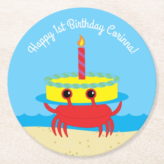 Crab Beach Birthday Party Round Paper Coaster (Front)