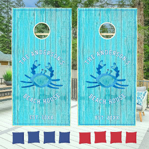 Crab Beach House Rustic Wood Grain Personalized Cornhole Set