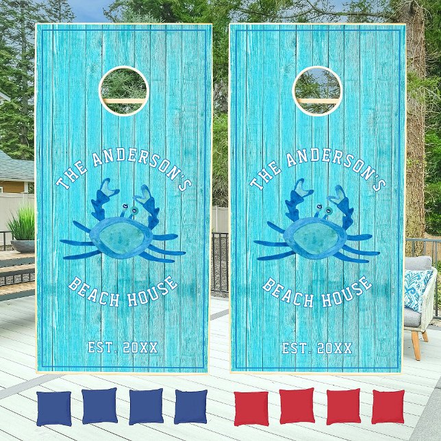 Crab Beach House Rustic Wood Grain Personalized Cornhole Set (Creator Uploaded)