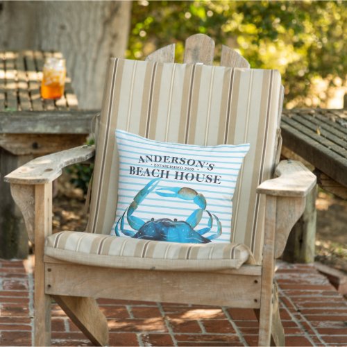 Crab Beach House Stripe Outdoor Pillow