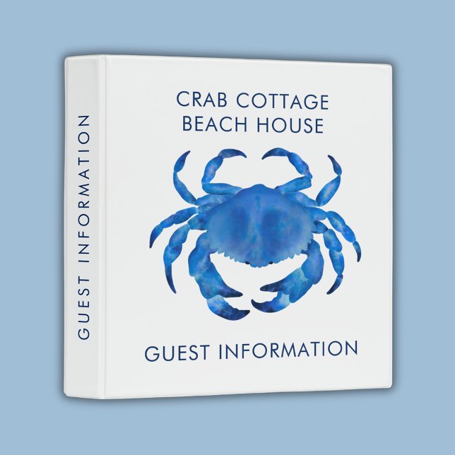 Crab Beach House Vacation Rental Guest Information 3 Ring Binder (Crab binder - customize for guest house, Air BnB, guest Information folder)