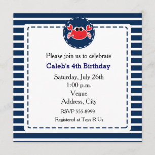 Crab Beach Navy Stripes Nautical Party Invitation