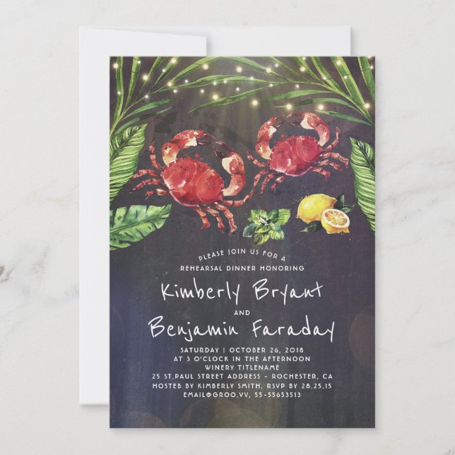 Crab Beach Palm String Lights Rehearsal Dinner Invitation (Front)