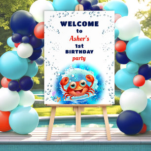 Crab Beach Pool Party Boy Summer 1st Birthday Sign