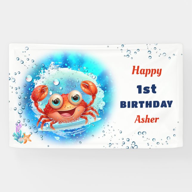 Crab Beach Pool Party Summer Boy 1st Birthday Banner (Horizontal)