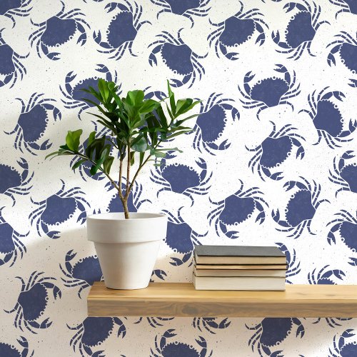 Crab Blue and White Coastal Pattern Wallpaper