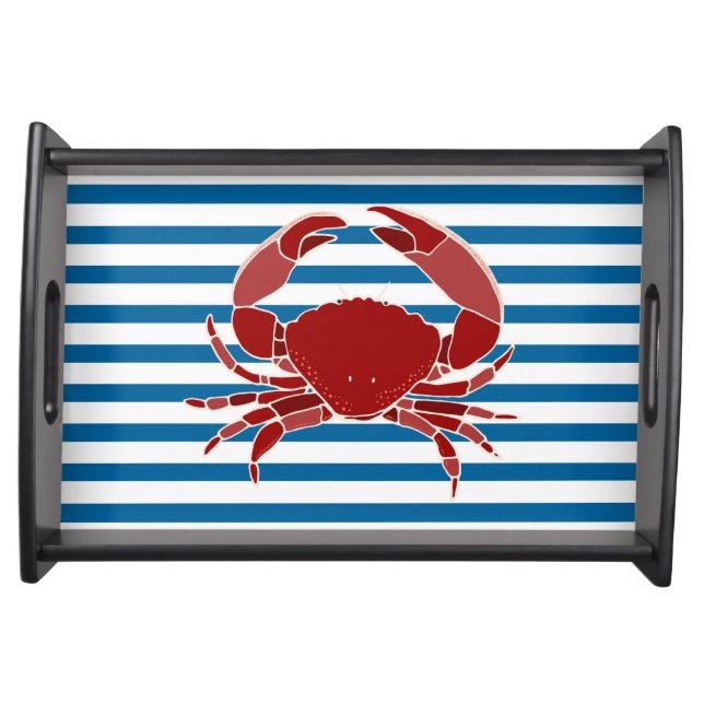 Crab Blue and White Horizontal Stripe Serving Tray (Front)