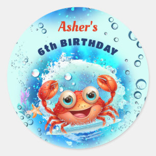 Crab Blue Birthday Pool Party Boy Custom Age Classic Round Sticker