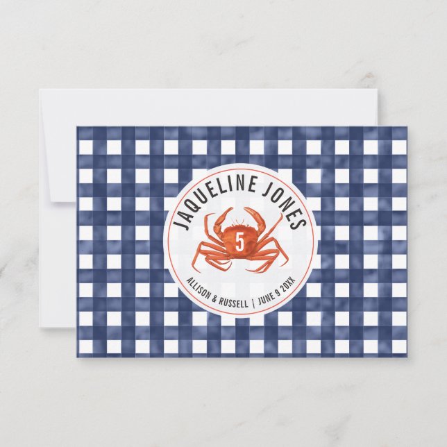 Crab Blue Gingham Wedding Place Card Flat (Front)