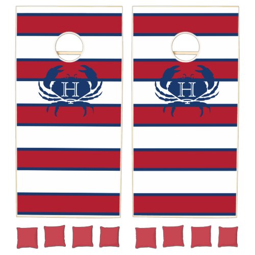 Crab Blue Navy Red White Nautical Modern Stripes   Cornhole Set