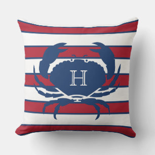 Crab Blue Navy Red White Nautical Modern Stripes  Outdoor Pillow