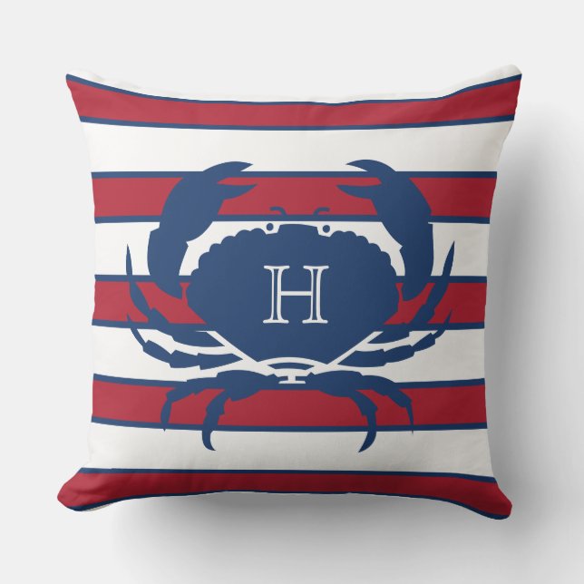 Crab Blue Navy Red White Nautical Modern Stripes  Outdoor Pillow (Front)