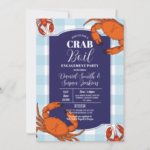 Crab Boil Engagement Party Seafood Navy Lobster Invitation