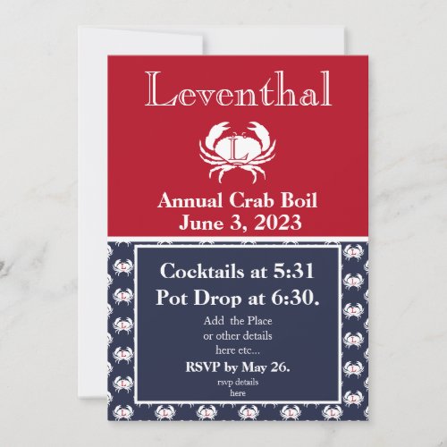 Crab Boil Invite Red Crab Navy Blue White Coastal