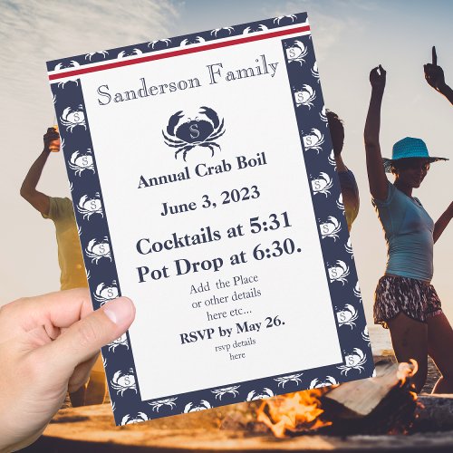 Crab Boil Invite Red Navy Blue White Coastal Party