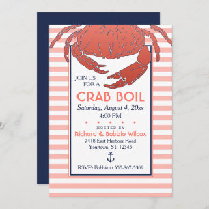 Crab Boil Navy/Coral Striped Custom Invitation