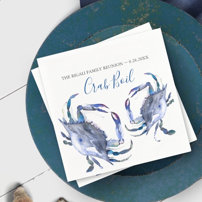 Crab Boil Personalized Coastal Watercolor Napkins (Crab napkins for seafood or ocean party theme. Original watercolor art by Victoria Grigaliunas)