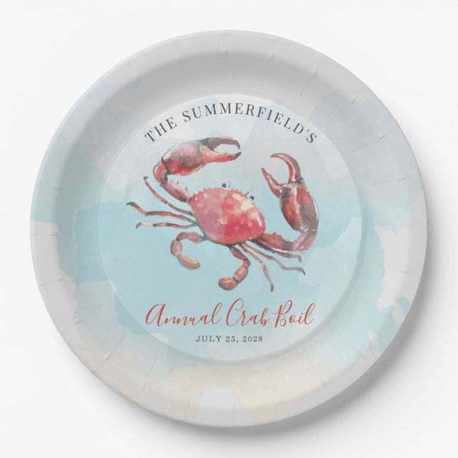 Crab Boil Seafood Summer Party Watercolor Paper Plates (Front)
