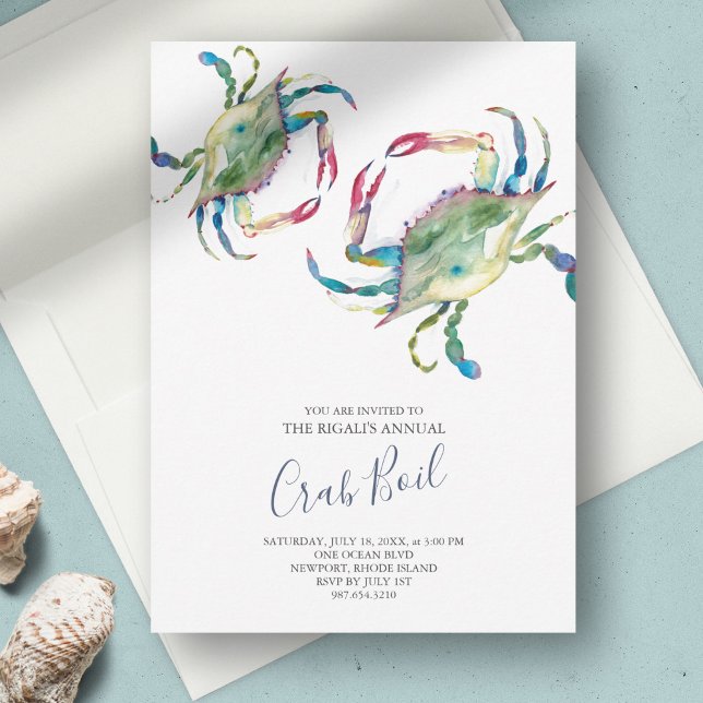 Crab Boil Summer Party Invitation (low country boil invitations watercolor blue crab art by Victoria Grigaliunas Do Tell A Belle)
