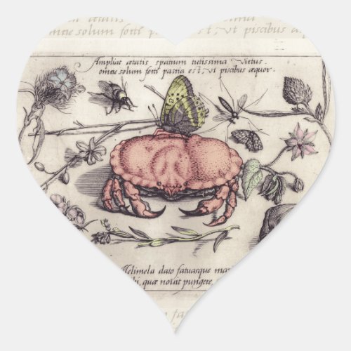 Crab Botanical Insect Flower Illustration Heart Sticker