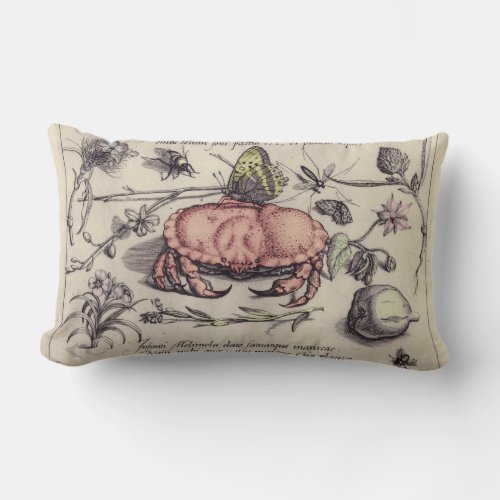 Crab Botanical Insect Flower Illustration Lumbar Pillow