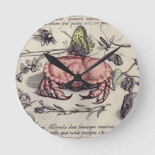 Crab Botanical Insect Flower Illustration Round Clock