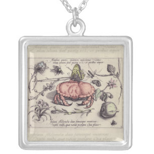 Crab Botanical Insect Flower Illustration Silver Plated Necklace