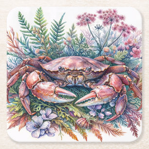 Crab Botanical Watercolor Square Paper Coaster