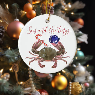 Crab Christmas Watercolor Crustacean Ceramic Ornament