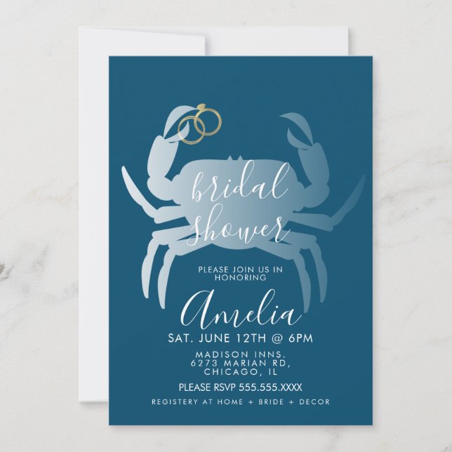 Crab Crustacean Ocean Bridal Shower Navy Invitation (Front)
