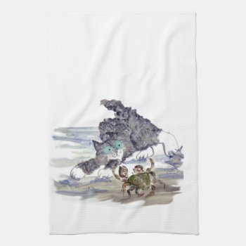 Crab Dancing - Kitten And Crab Tango Kitchen Towel by Nine_Lives_Studio at Zazzle