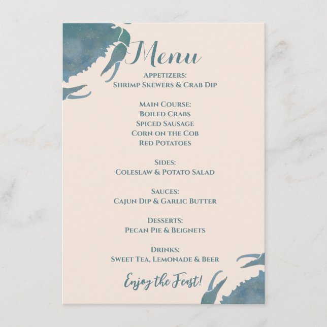 Crab Feast| Watercolor Blue Crab, Retirement Party Menu (Front)