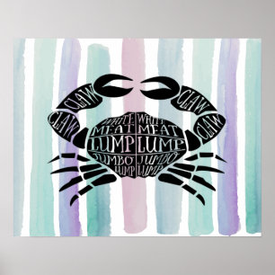 Crab fishmonger fisherman butcher meat cuts art poster