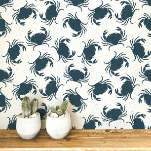 Crab Indigo Blue and White Coastal Pattern Wallpaper