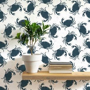 Crab Indigo Blue and White Coastal Pattern Wallpaper