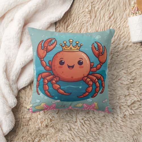 Crab King Princess in blue Throw Pillow