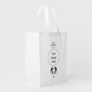 Crab Monogram in a Black Stencil Style Grocery Bag